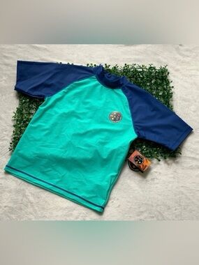 Maui and Sons Teal and Navy Short-Sleeve Rash Guard